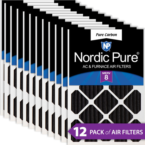 Twelve Packs Nordic Pure 20x25x2 Pure Carbon Pleated Odor Reduction MERV 8 Furnace Filters stacked 20x25x2PCP-12