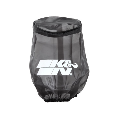 Black K&N air filter cover featuring a Drycharger wrap, designed to enhance air filtration and engine efficiency.