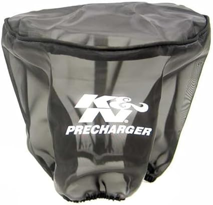 A Black K&N Filters cover is designed for enhanced filtration with a PreCharger Universal Air Filter Wrap.