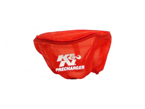 Custom red K&N air filter cover with PreCharger wrap, designed to improve airflow and filtration efficiency.