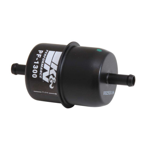 The Black K&N automotive fuel filter on a white background showcases its design and branding.