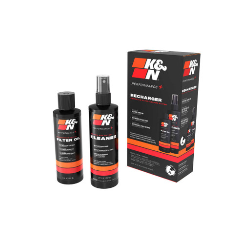 K&N Filters Recharger Kit with squeeze oil, designed for cleaning and maintaining air filters, presented in black packaging.