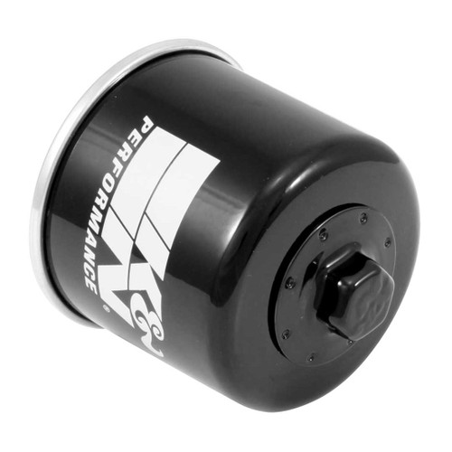 Black K&N oil filter for Powersports on a white background, emphasizing its sleek design and branding.