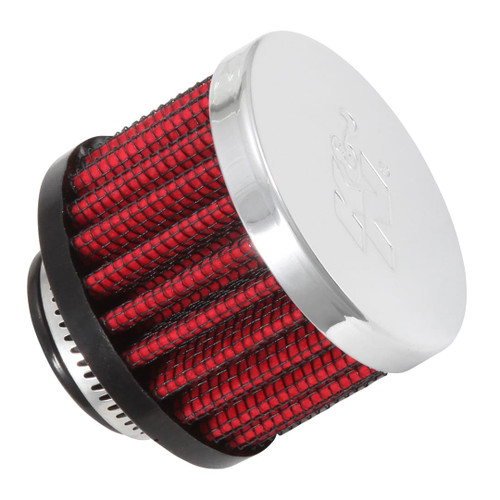 Red K&N clamp-on air filter on a white background, measuring 2 inches in diameter and 1.5 inches high.