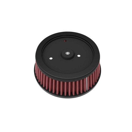K&N air filter for Harley motorcycles, featuring a black body and red filters, set against a white background.