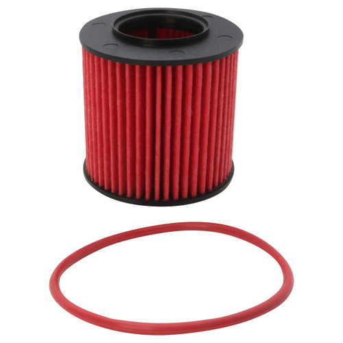 A red K&N Filters oil filter with a rubber seal was designed for the VW Tiguan and features a Viton rubber gasket.