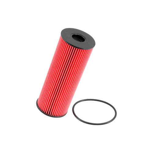 A red K&N oil filter for Mercedes-Benz is displayed on a clean white background.