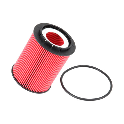 A K&N ProSeries red oil filter designed for Volkswagen showcases automotive quality and performance.