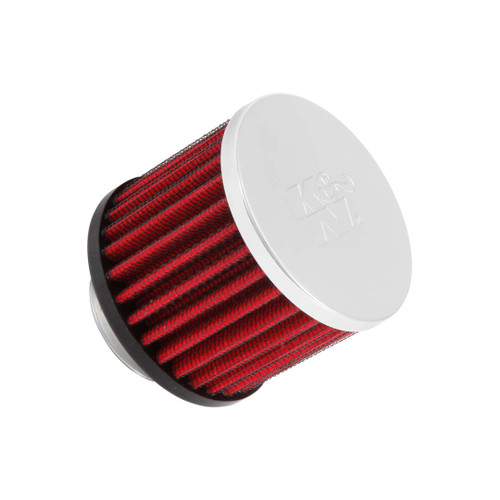 The K&N air filter is red and black with a chrome top measuring 1-3/8" ID x 3" OD x 2-1/2"H, displayed on a white background.