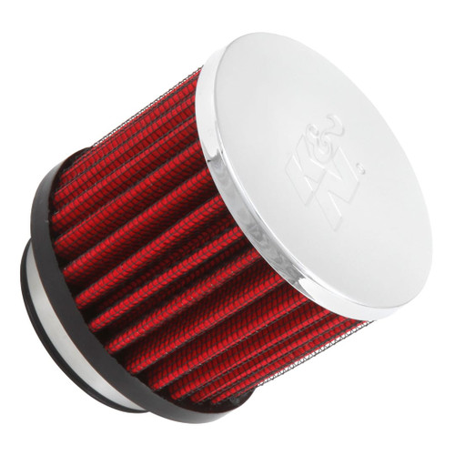 A red K&N air filter on a white background featuring a chrome top and dimensions of 1-3/4" ID x 3" OD x 2-1/2" H.