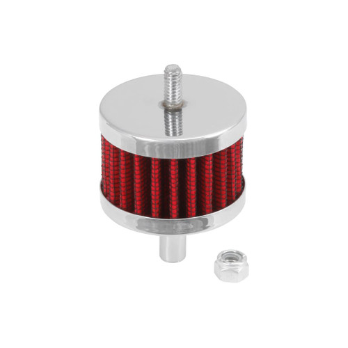 A Red K&N air filter on a white background, measuring 3/8" ID, 2" OD, and 2-1/2" H with a stud mount design.