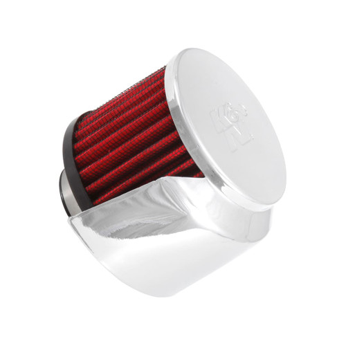 A K&N chrome air filter with a red filter featuring a 1-3/8" ID flange and measuring 3" OD by 2-1/2" in height.