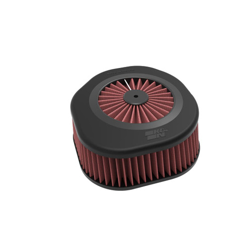 The black and red K&N air filter, designed for the Suzuki RMZ450, showcases its performance and durability for power sports vehicles.