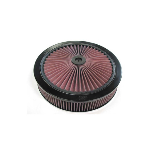 Round K&N air filter with a black base, measuring 5-1/8" ID, 14" diameter, and 2-3/4" height with a 1-1/4" drop base for superior filtration.