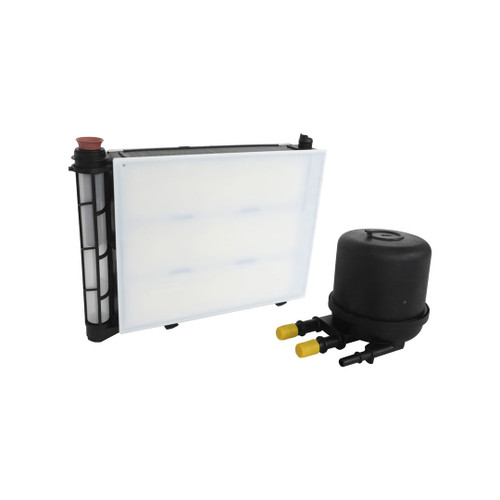 White fuel filter with a black protective cover designed for optimal performance and durability.