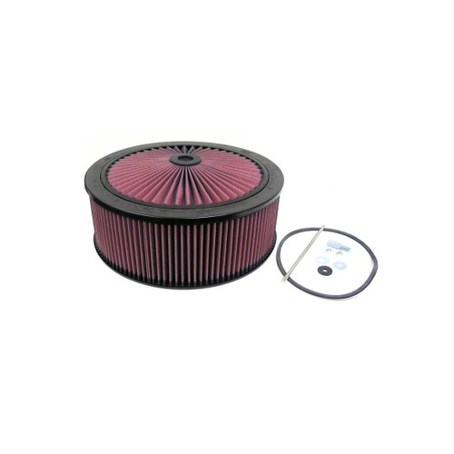 Black K&N air filter with X-Stream top, displayed on a white background, size 7-5/16 x 14 x 6-1/2 inches.