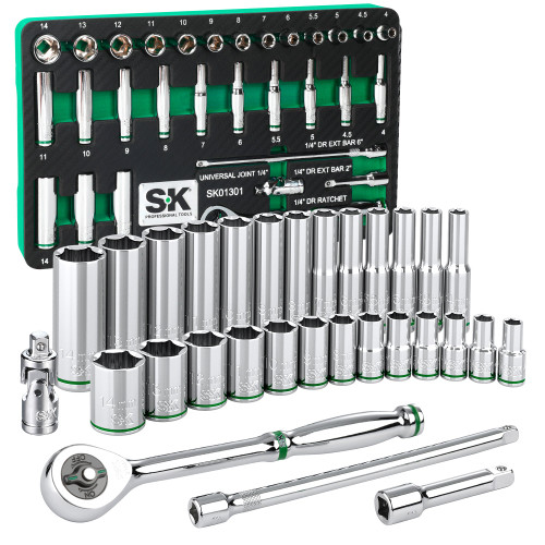 SK Tools Socket Set - Chrome, Standard & Deep, Metric, 6 Point, 1/4" Drive, 30 Piece (SK01301-216P)