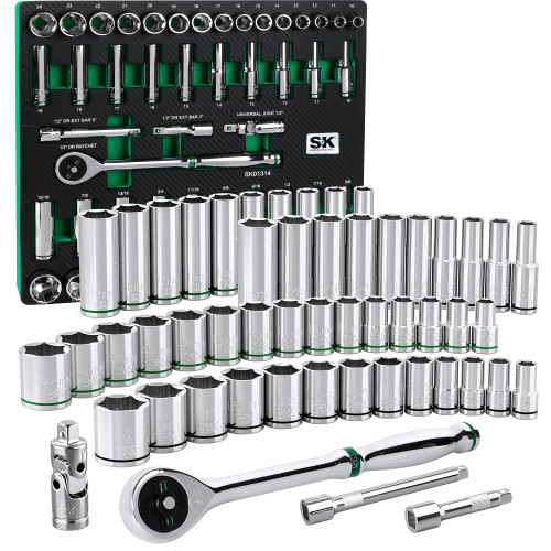 SK Tools Socket Set - Chrome, Standard & Deep, Sae & Metric, 6 Point, 1/2" Drive, 52 Piece (SK01314-216P)