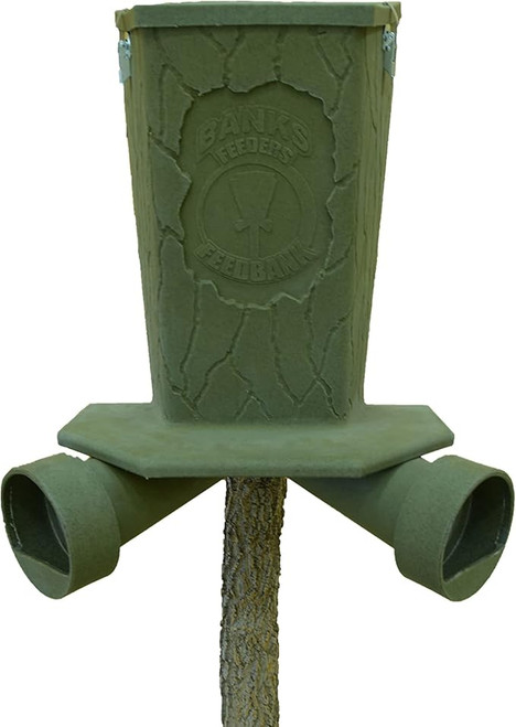 The Banks Outdoors Gravity Fed Tree and Post Mountable Weatherproof Feed Bank Deer and Game Hunting Feeder with 40 Pound Capacity, Green is built for hunters and land managers. Made from durable polyethylene, it mounts to trees, posts, or fences, features adjustable feeding ports, a watertight cover to keep feed fresh, and a 42-inch feeding height ideal for deer feeding in all weather conditions.