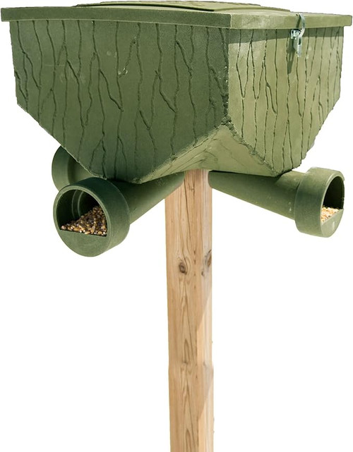 The Banks Outdoors Gravity Fed Post Mounted Feed Bank Deer Feeder 150 offers a 150-pound capacity with a durable weatherproof design. Featuring adjustable feeding ports, a watertight cover, and a gravity-fed system, this deer and game hunting feeder mounts easily on a single 8-foot 4x4 post for reliable outdoor feeding.