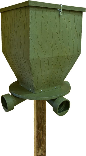 The Banks Outdoors Feedbank 300 lb. Capacity Deer and Wildlife Feeder (FB300) is designed for hunters and land managers seeking reliable deer feeding solutions. Built from durable polyethylene with a weatherproof cover, this feeder mounts securely on a single 8-foot 4×4 post, standing at an optimal 42-inch feeding height. The large watertight lid keeps feed fresh while adjustable ports control flow, making it an efficient and long-lasting hunting feeder for deer and wildlife management.