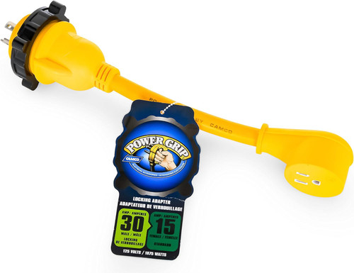 Camco PowerGrip Marine Dogbone 12in CMC55616 for safe marine electrical connections, 30A Male Locking / 15A Female, yellow/black.