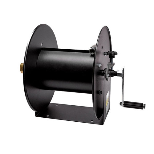 Black Hosetract manual hose reel with a durable metal handle, designed for high-pressure applications up to 4000 PSI and ideal for efficient hose storage.