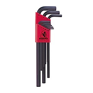 Bondhus 12199 Set 9 Hex L-Wrenches 1.5-10mm Long: Long-arm hex wrenches in black holder.