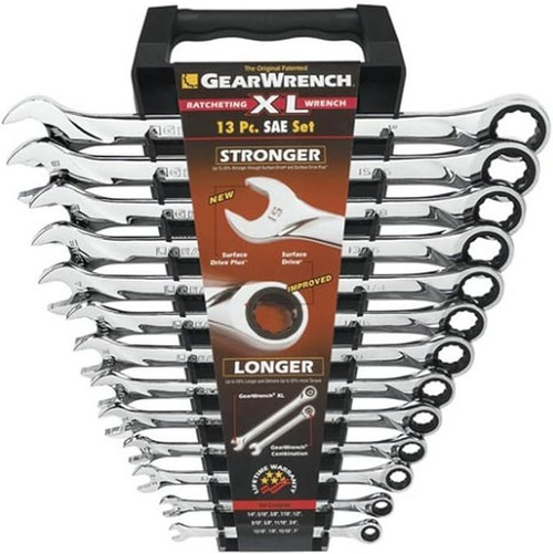 GearWrench 85199 13-Piece Ratcheting Wrench Set displayed with clear visibility of sizes and chrome finish.