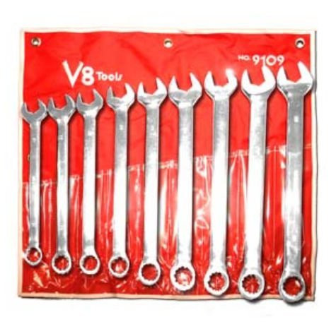 V8 Tools 9109 Combination Wrench Set, 9 Piece, 21Mm To 29Mm, Long Pattern, Fully Polished, In Canvas Pouch
