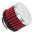 Red K&N clamp-on air filter on a white background, measuring 2 inches in diameter and 1.5 inches high.