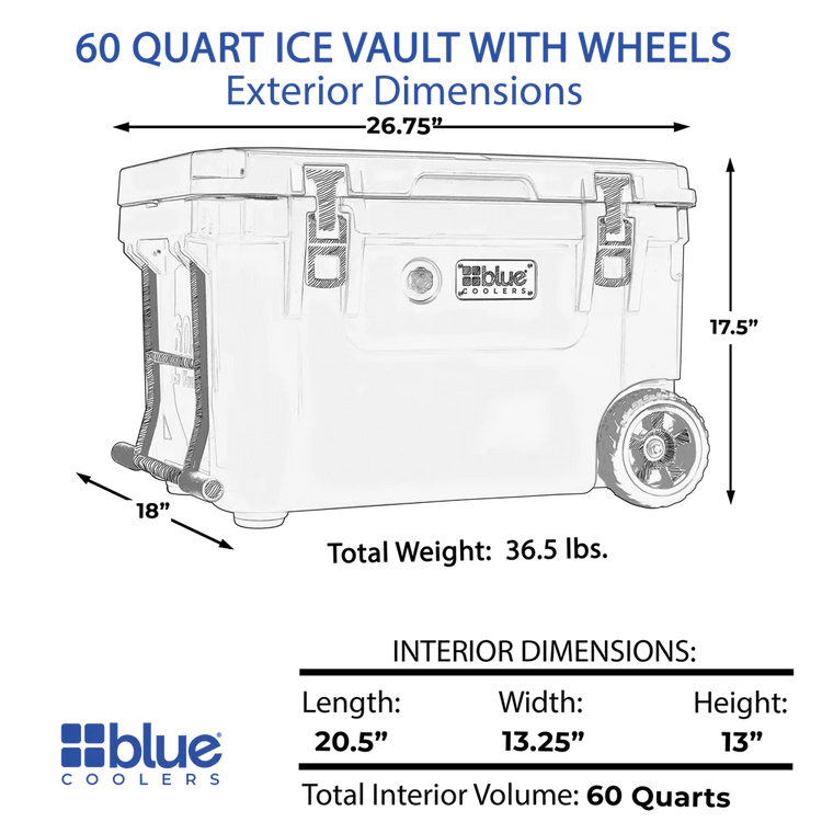 Blue Coolers 60 Quart Ice Vault Roto-Molded Cooler with Wheels (60-2001BX, 60-2001WX, 60-2001GX (220719)