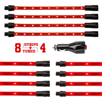XKGLOW Interior and Underglow LED Accent Light Kit - 8pc 24" Tube + 4pc 8" Strip Single Color