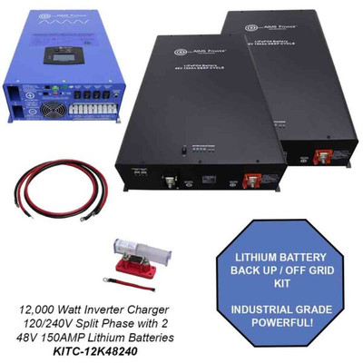 Aims Power Off Grid / Back Up 12000 Watt Pure Sine Inverter Charger 120V / 240V & 48V Lithium Battery (KITC-12K48240)