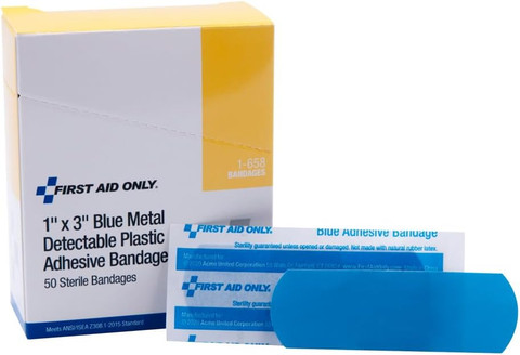 First Aid Only 1"x3" Blue Metal Detectable Plastic Bandages 50 per Box (1-658)