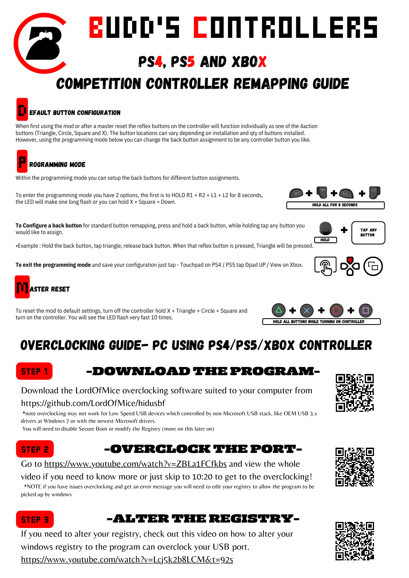 PS4, PS5, and Xbox controllers featuring back button mapping options with reflex buttons or paddles added to the back for enhanced gameplay customization. These buttons can be mapped to any standard action button, such as Triangle, Circle, X, Square on PS4/PS5, or their equivalent on Xbox, providing players with personalized control and improved flexibility during gameplay. This setup works on both Budd's Controllers and ControllerModsAU controllers.