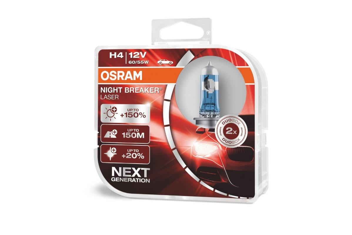 Osram Night Breaker Laser Replacement H4 Bulbs (+150% More Brightness)