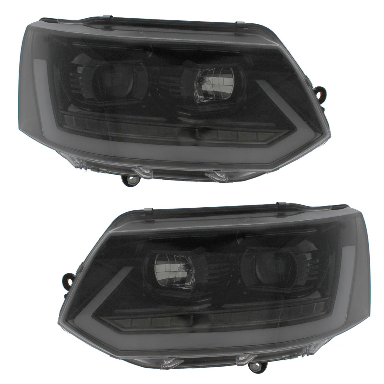 "T6 Style" LED DRL Headlight Set with Black Inners and Dynamic Indicators for VW T5.1 Transporters "T6 Style" LED DRL Headlight Set with Black Inners and Dynamic Indicators for VW T5.1 Transporters