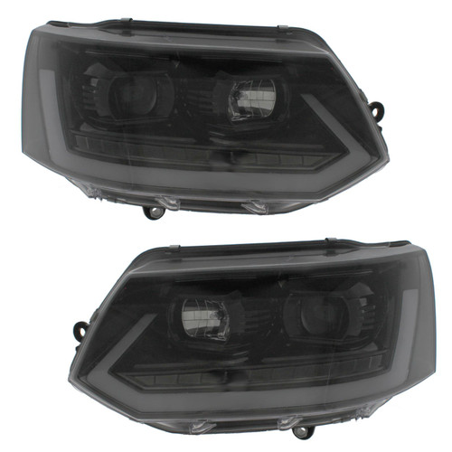 "T6 Style" LED DRL Headlight Set with Black Inners and Dynamic Indicators for VW T5.1 Transporters