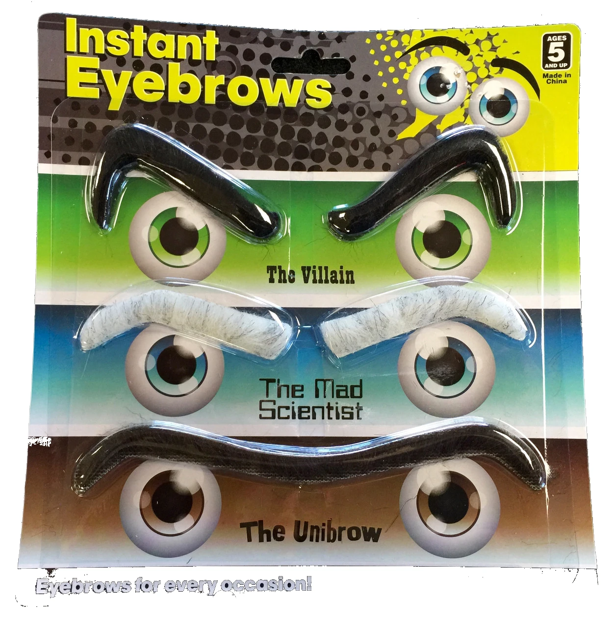 Instant Eyebrows for Every Occasion Includes  Self-adhesive eyebrows "The Villain," "The Mad Scientist," and "The Unibrow."