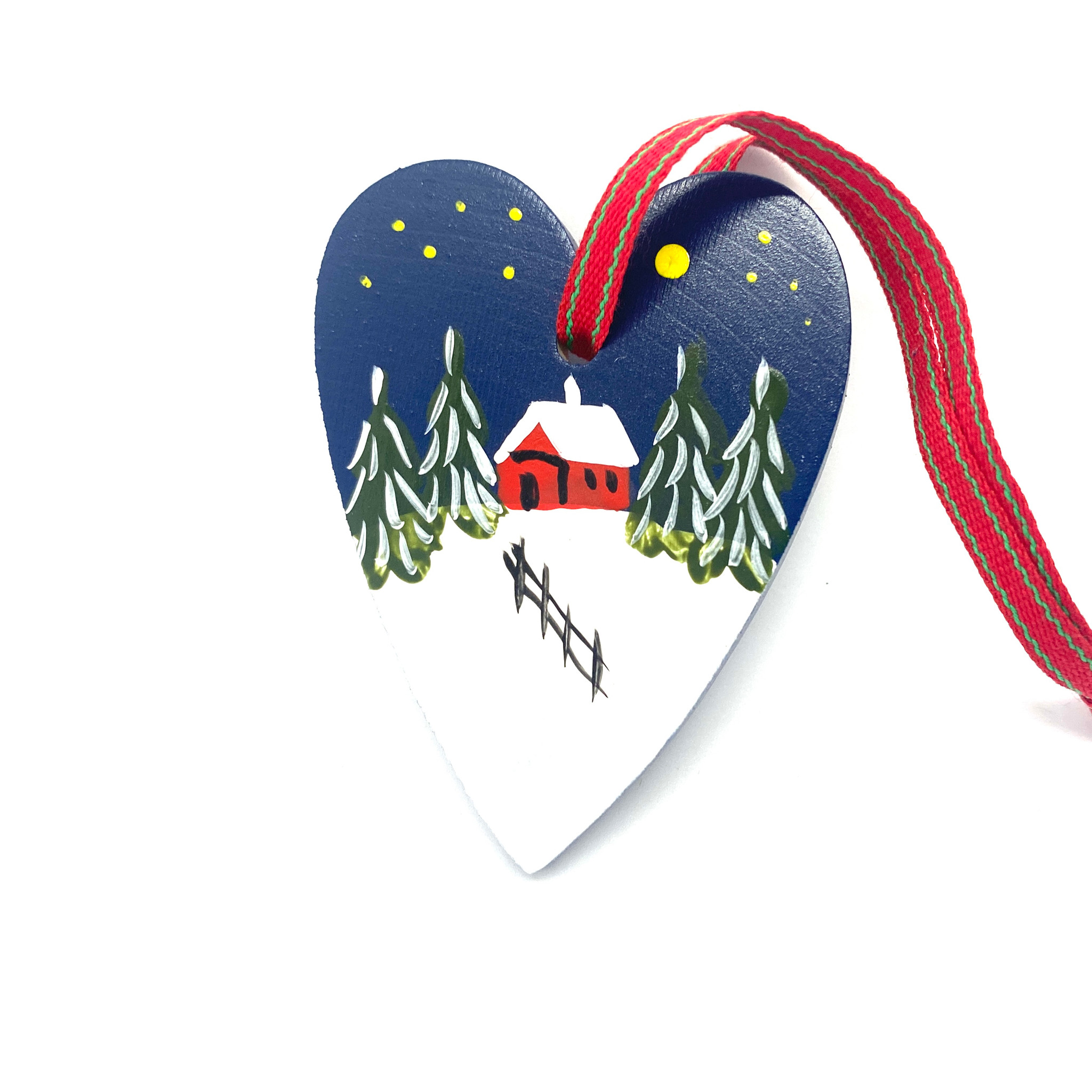 Snowy Cabin Heart Wood Ornament - Al Johnsons Swedish Restaurant Butik