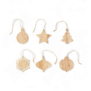 Set of 6 wooden christmas ornaments with jute cord