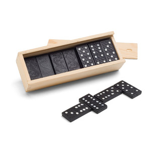 Domino game in wooden box with lid. Black pieces with embossing details in white Domino game in wooden box with lid. Black pieces with embossing details in white