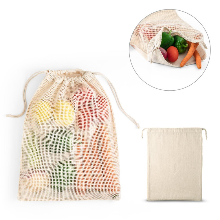 100% cotton bag (120 g/m²) with 100% cotton mesh on the front (100 g/m²). With cotton rope for closure. Ideal to carry food
