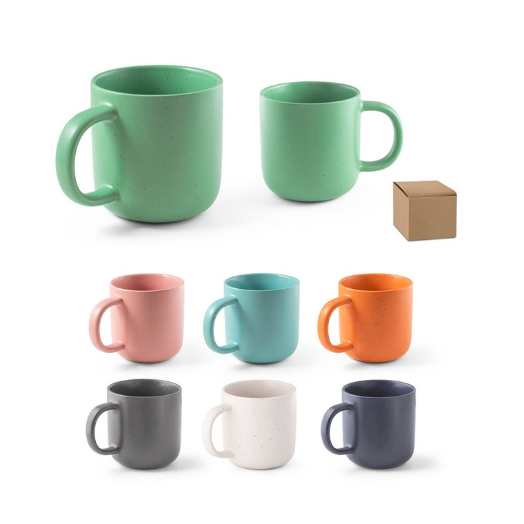 Ceramic mug with matte finish and speckled mug exterior. Capacity up to 370 mL. Supplied in a kraft paper gift box. The mug is dishwasher safe and resistant for at least 125 washing cycles (including print) according to EN12875-1
