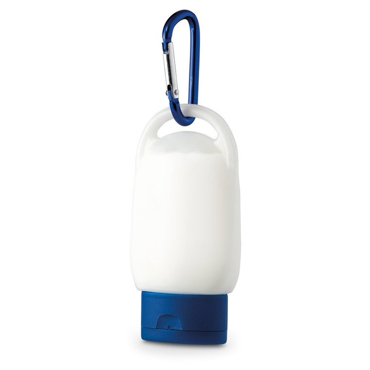 SPF30 sunscreen with a capacity of 30 mL. The sunscreen package has a metal carabiner. Legal information available at: PT, EN, ES, FR, IT, DE, PL, CZ, SK, RO, RS, HR, NL, HU, DK, NO, SV, BG
