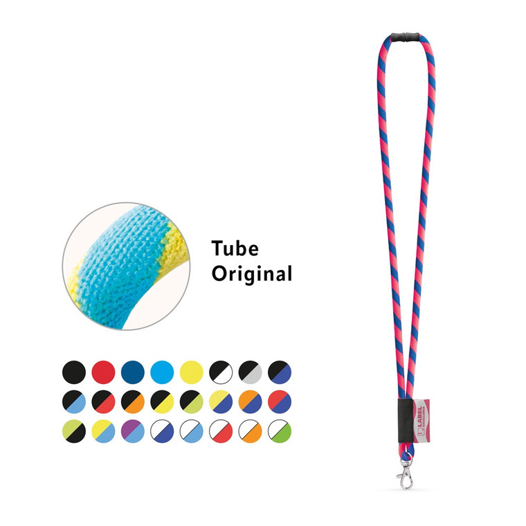 Customized polyamide lanyard. Available in 24 standard colors for customization. This Long Tube Lanyard includes the following accessories and extras: black elastic, 43 x 22 mm sublimation label, standard carabiner, and ø6 mm safety clasp. Made in Europe. Prices include sublimation customization on the label