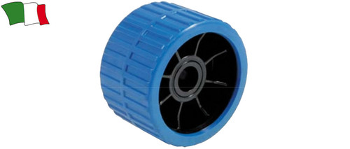 Floating blue roller with black nylon insert and blue polyurethane outer side.