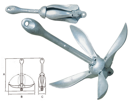 1.5kg Folding anchor made of hot galvanized cast steel.  Can be used as secondary anchor.  Seabed type: sand, rocks and stones.