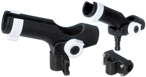 Wall mounting rod holder with double adjustment and 360° swivel, black plastic. Note Side Mount only